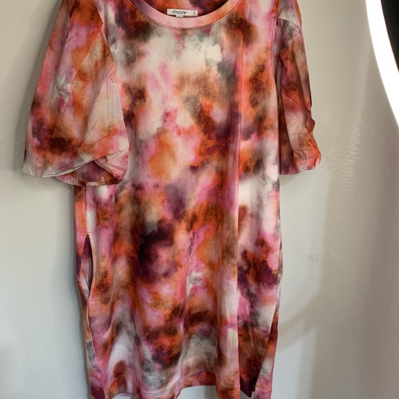Chicos French Terry Tie-Dye Poof Sleeve Pockets Cotton Dress Shirt Sz 2 US L - Picture 3 of 6